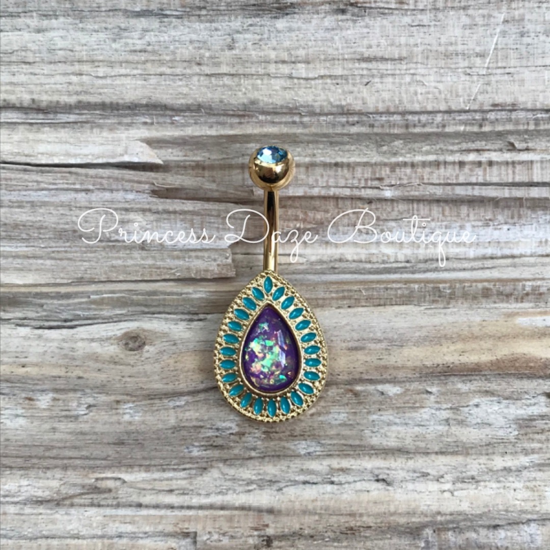 Gold Opal Teardrop Belly Button Ring